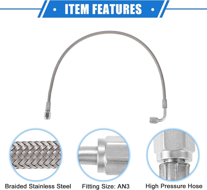VekAuto AN3 Braided Steel Turbo Oil Feed Line 90 Degree to Straight Hose End, 20" Remote Turbocharger Oil Drain Return Line Universal for Car Durable Stainless Steel PTFE Silver Tone - Image 4